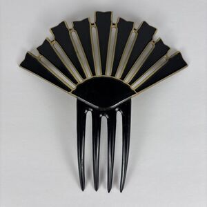 VTG Hair Comb Black Clear Fan Shaped Celluloid Art Deco
